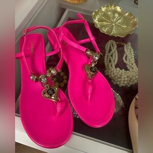 CHANEL Hot Pink Heart Charm T-Strap Sandals